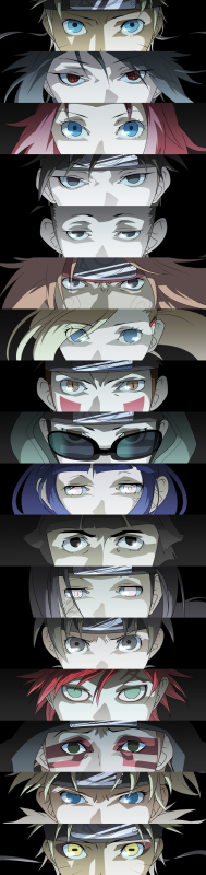 aburame shino,akimichi chouji,gaara (naruto),haruno sakura,hyuuga hinata,hyuuga neji,inuzuka kiba,kankuro,nara shikamaru,rock lee,sai,temari (naruto),tenten (naruto),uchiha sasuke,uzumaki naruto,uzumaki naruto (sennin mode),yamanaka ino