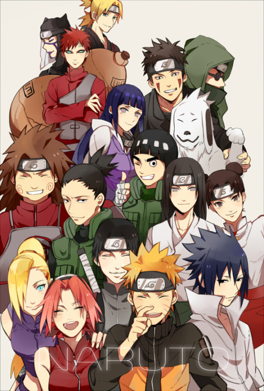 aburame shino,akamaru (naruto),akimichi chouji,gaara (naruto),haruno sakura,hyuuga hinata,hyuuga neji,inuzuka kiba,kankuro,nara shikamaru,rock lee,sai,temari (naruto),tenten (naruto),uchiha sasuke,uzumaki naruto,yamanaka ino