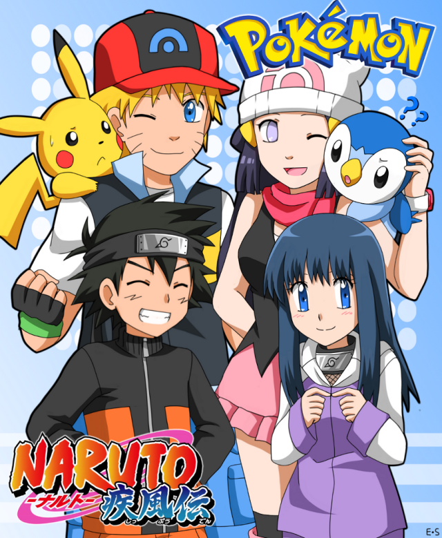 ash ketchum,dawn (pokemon),hyuuga hinata,pikachu,piplup,uzumaki naruto