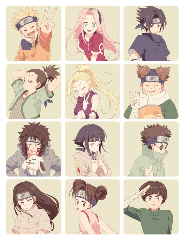 aburame shino,akamaru (naruto),akimichi chouji,haruno sakura,hyuuga hinata,hyuuga neji,inuzuka kiba,nara shikamaru,rock lee,tenten (naruto),uchiha sasuke,uzumaki naruto,yamanaka ino
